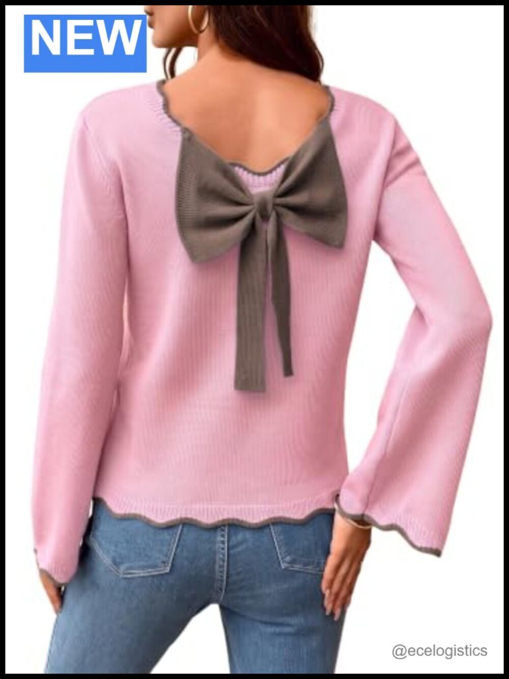 Back Bow Scallop Trim Knit Pullover Sweater Long Sleeve Flare Cuff
